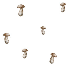Watercolor seamless Pattern of boletus mushrooms on isolated background. Illustration of backdrop with edible woodland fungus for autumn fabric prints, seasonal wrapping paper or textile design