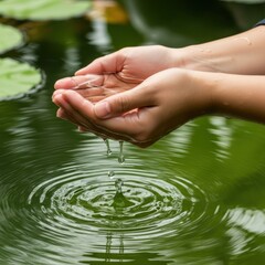Hands cupping clear water over a tranquil pond with ripples