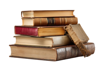 Stack of antique books, aged leather bindings, varying colors, worn pages, isolated on white
