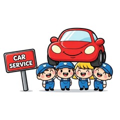 Happy cartoon mechanics underneath a red car with a service sign