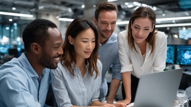 Team Collaboration: Four diverse professionals huddle around a laptop, engrossed in a collaborative project, symbolizing teamwork and shared goals in a modern office environment.
