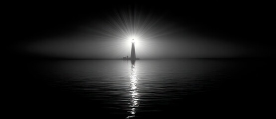 A black and white lighthouse shines brightly over still water, creating a striking contrast against the dark surroundings