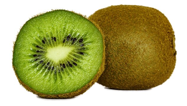 Closeup of sliced kiwi under the lights against a white background