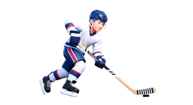 cartoon hockey players dynamic play intense speed, precise shot, 3d animation asset, isolated on transparent background