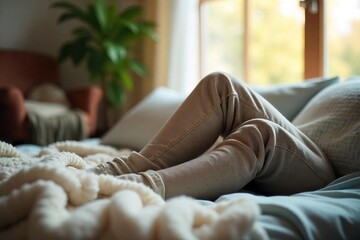 Cozy scene of comfortable pants worn indoors, relaxing atmosphere, soft lighting, home comfort, casual wear ,  attire,  living,  homey