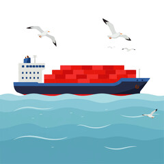 Fototapeta premium A cargo ship sails on the ocean, carrying red containers, with seagulls flying around it against a clear white sky.