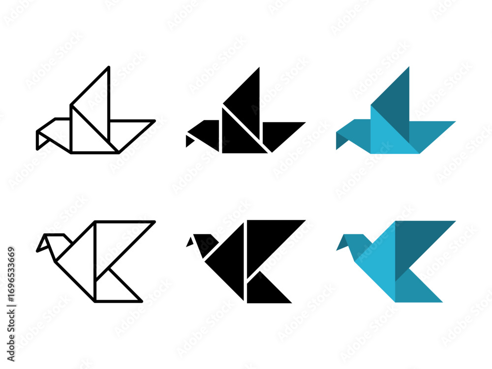 Poster bird icon set. a collection of origami bird icon designs in simple outline and geometric style, perf
