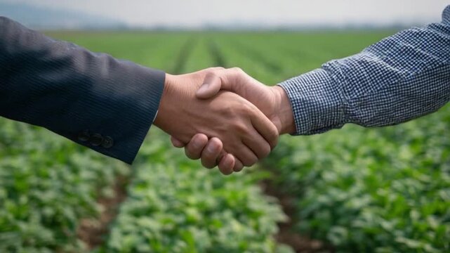 Handshake in the Field: A close-up shot captures the essence of agreement and cooperation as two hands clasp in a firm handshake set against the backdrop of a vibrant, flourishing agricultural field.