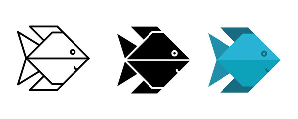 Fish icon set. A simple geometric fish illustration, available in line art, solid black silhouette, and blue color, representing a marine animal