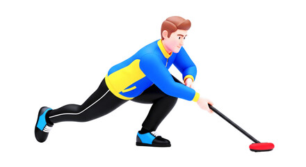 Obraz premium male curler sweeping the ice ahead of a sliding stone during a focused, competitive winter game.