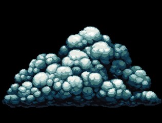 Pixelated cloud formation with dark edges, against a black backdrop, forming a distinct, bulky shape