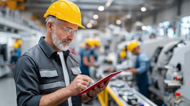 Factory Supervisor at Work: An experienced supervisor meticulously reviews production data on a tablet within a bustling industrial environment, symbolizing diligence, expertise.