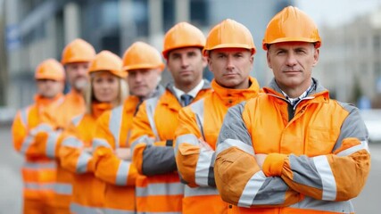 Construction Crew's Stance: A strong and determined construction crew stands together, arms crossed, exuding confidence and readiness for the next task, embodying teamwork and professionalism.