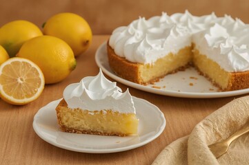 Meringue-covered lemon tart served on a dish with a classic cake server