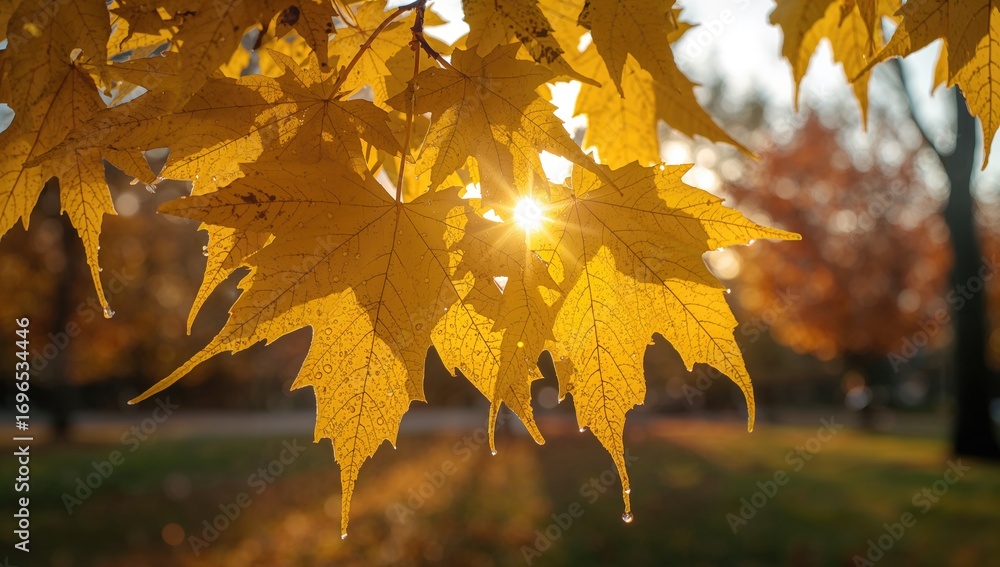 Wall mural golden maple foliage illuminated by soft autumn sunlight with a blurred park backdrop.