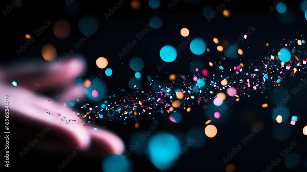 Poster magical glowing particles and bokeh lights floating in dark space with vibrant turquoise, pink and g