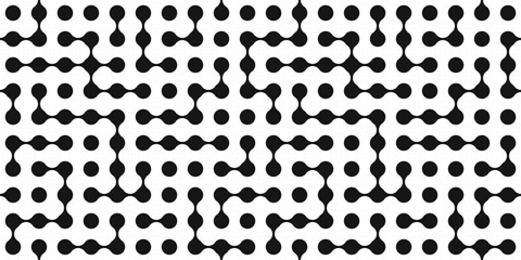 Metaballs Seamless Pattern. Modern Metamorphosis, Organic, Tech, Geometric shapes. Contemporary endless background with black circle dots liquid connected. Abstarct Vector illustration isolated
