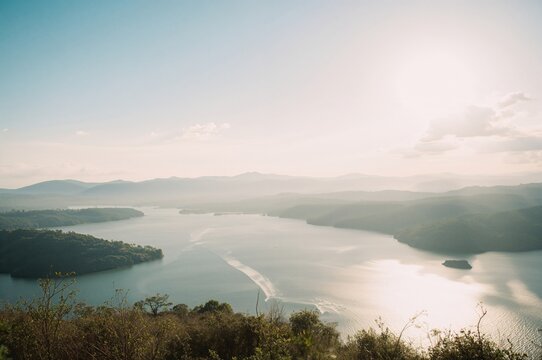 Scenic panorama of a large lake in the northern region