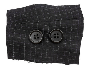 A piece of torn checkered fabric with buttons on a white background. Fabric isolate