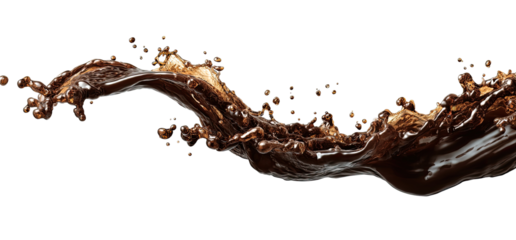 Dark brown liquid in dynamic motion, splashing and flowing