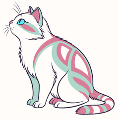 Stylized white cat with pink and teal tribal markings