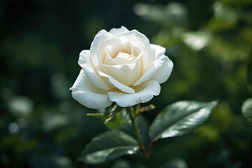 Beautiful white rose blooming in a garden with a soft-focus backdrop