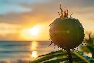 Dew-kissed tropical fruit at sunset, backlit by golden hour light reflecting on the ocean, showcasing its spiky husk and smooth surface.  Water droplets cling to its exterior