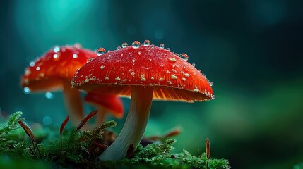 Close up of red mushroom with water droplets in forest moss