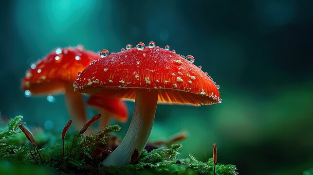 Close up of red mushroom with water droplets in forest moss - Powered by Adobe