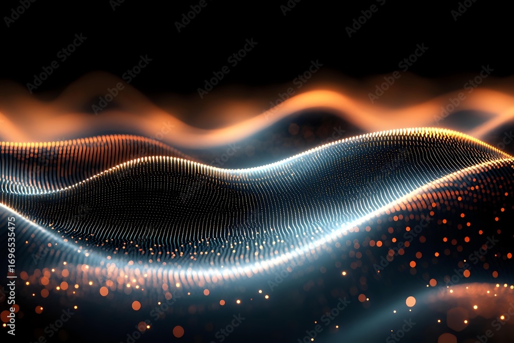 Poster abstract digital wave pattern with glowing orange and blue light particles flowing in smooth curves 
