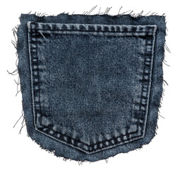 Piece of torn denim on a white background. Denim texture. Pocket