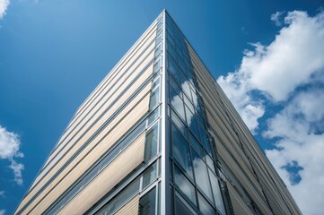 Fototapeta premium Contemporary skyscraper featuring shielded windows and a facade with Venetian blinds under a clear blue sky