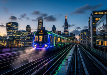 Fototapeta premium A Modern Train Races Through London at Night with Glowing Lights