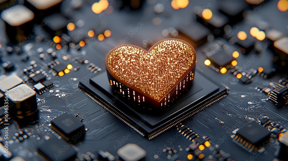 Poster glowing copper heart on computer processor with bokeh lights, symbolizing digital love, artificial i