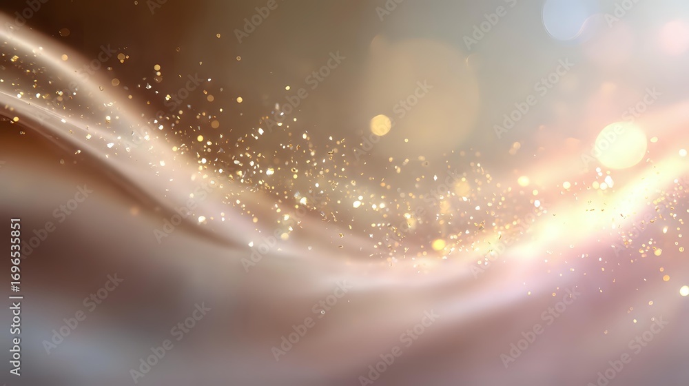 Poster magical glowing sparkles and light waves on soft pink and brown gradient background with bokeh effec