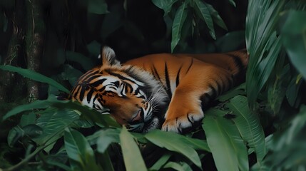 Majestic Bengal tiger resting among lush green tropical foliage in natural habitat, displaying distinctive orange and black striped fur pattern while sleeping peacefully.