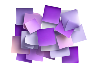 Abstract arrangement of overlapping, square-shaped forms in shades of purple and pink