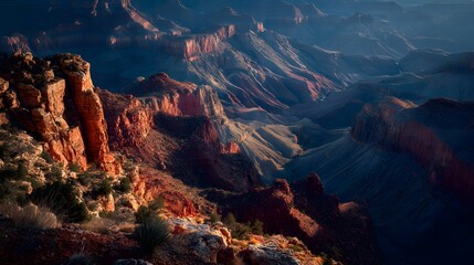 A breathtaking vista of the Grand Canyon's dramatic cliffs and valleys, bathed in the warm light of sunrise.
