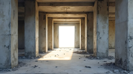 Interior view of unfinished building with repetitive concrete columns