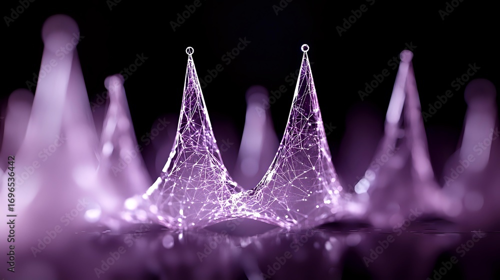 Poster glowing purple network connections form geometric peaks against dark background, creating futuristic