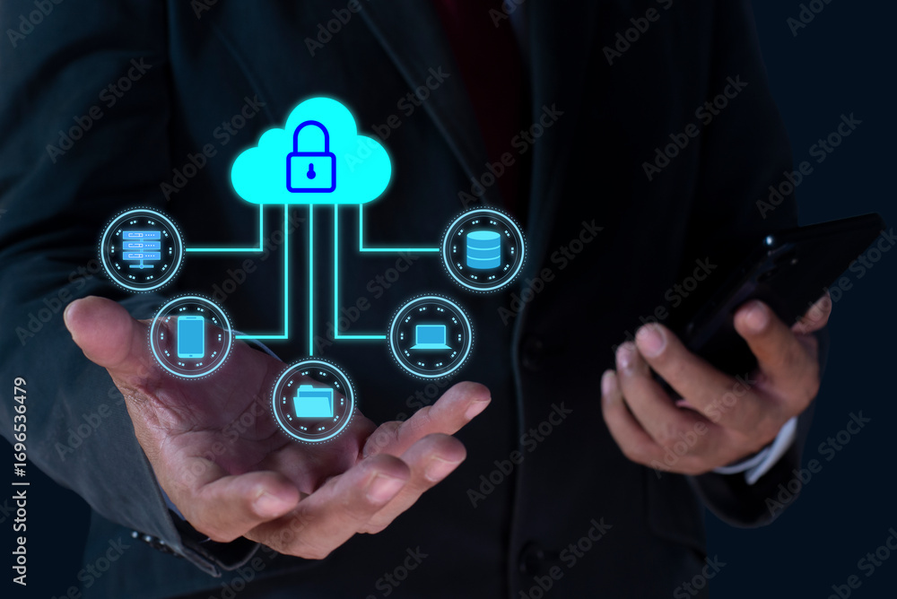 Poster businessman holding virtual cloud computing with connection line. cloud computing is system for shar