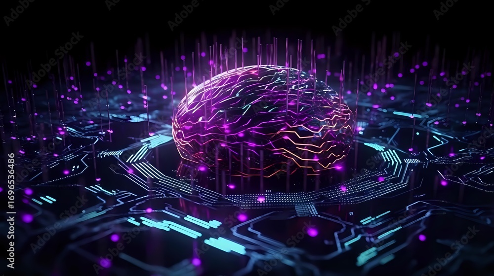 Aufkleber glowing digital brain on circuit board with purple and blue neon lights, representing artificial int