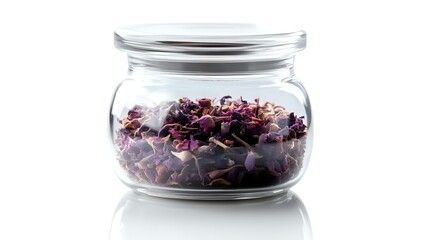 Dried purple rose petals and buds stored in clear glass jar with lid on white background, isolated herbal tea ingredient for natural cosmetics and aromatherapy.