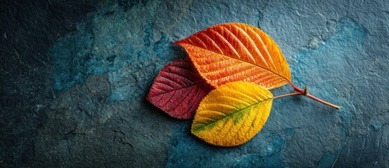 Three brightly colored leaves in shades of red, orange, and yellow atop a textured blue and gray stone surface