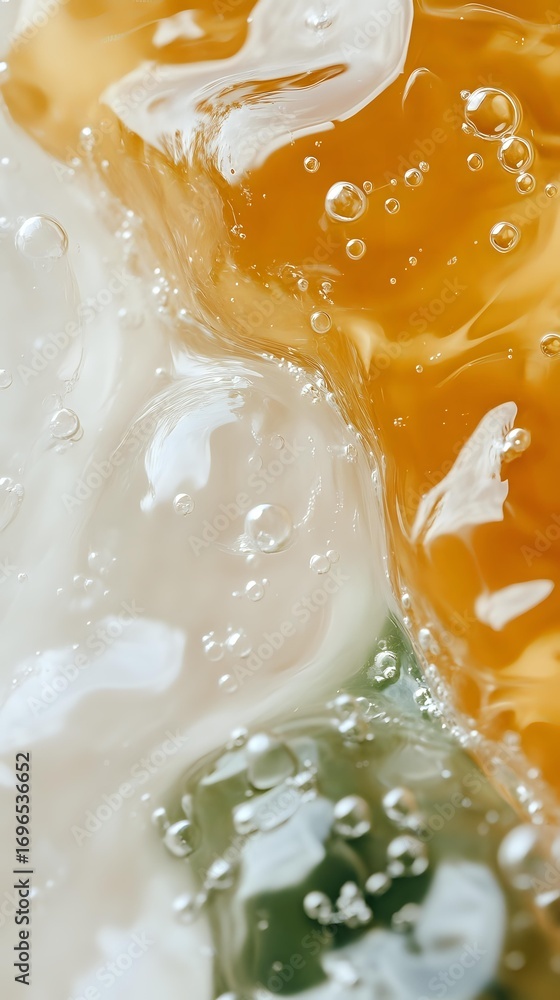 Aufkleber swirling abstract macro of cream, honey and mint liquids with air bubbles creating dynamic fluid art