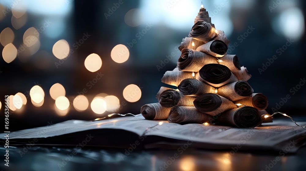 Poster rolled paper sheets arranged in christmas tree shape on open book with soft bokeh lights creating ma