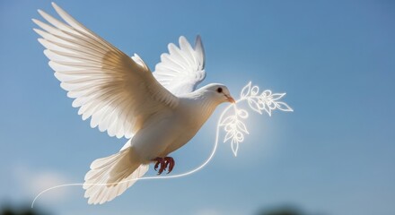 Fototapeta premium White dove bird flying with glowing olive branch in beak against blue sky wings