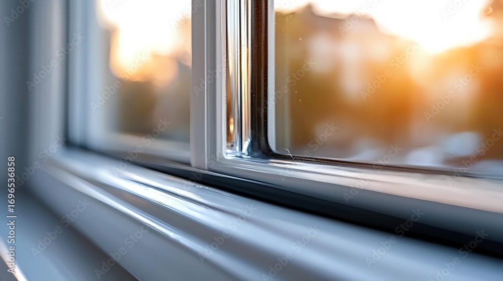 Poster window frame detail with warm sunset light streaming through glass pane, creating peaceful atmospher