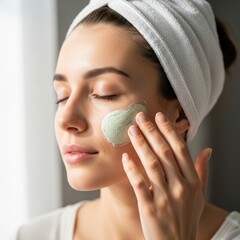 Woman applying green face mask with headband