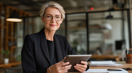 Confident middle-aged businesswoman in suit holding tablet while working at modern desk